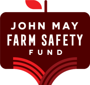 red rectangle with rounded corners that has a line and leaf at the top to imitate an apple; white text that reads "John May Farm Safety Fund"